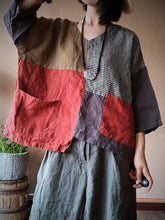 Plus Size Women Linen Retro Patch Spliced Pocket Irregular Loose Blouse