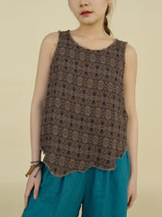 Women Retro Worn Irregular Hem Geometric Vest