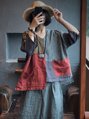 Plus Size Women Linen Retro Patch Spliced Pocket Irregular Loose Blouse