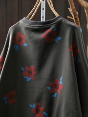 Plus Size Women Autumn Artsy Flower O-Neck Cotton Blouse