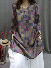 Plus Size Women Summer Retro Spliced V-Neck Loose Long Blouse