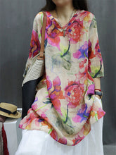 Plus Size Women Spring Vintage Flower V-Neck 100%Ramie Blouse