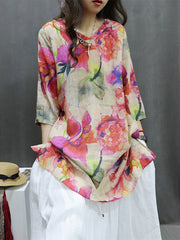 Plus Size Women Spring Vintage Flower V-Neck 100%Ramie Blouse