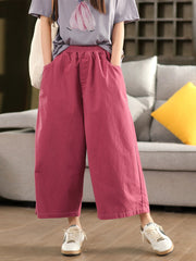Plus Size Women Summer Pure Color 100%Cotton Wide-leg Pants