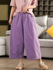 Plus Size Women Summer Pure Color 100%Cotton Wide-leg Pants