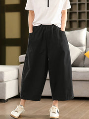 Plus Size Women Summer Pure Color 100%Cotton Wide-leg Pants