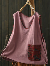 Plus Size Women Summer Vintage Colorblock V-Neck Cotton Vest