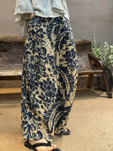 Plus Size Women Summer Retro Flower Linen Wide-leg Pants