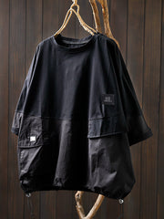 Plus Size Women Summer Pocket Pure Color O-Neck Cotton Blouse