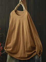 Women Casual Autumn Pure Color O-Neck Cotton Blouse