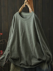 Women Casual Autumn Pure Color O-Neck Cotton Blouse
