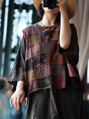 Women Autumn Retro Patchwork Cotton O-Neck Blouse