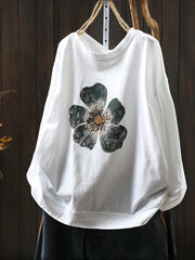 Plus Size Women Autumn Artsy Flower O-Neck Cotton Blouse