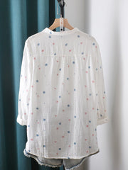 Plus Size Women Artsy Spring Flower Stand Collar Blouse