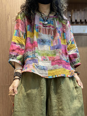 Plus Size Women Summer Artsy Patchwork O-Neck Blouse