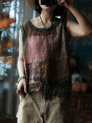 Plus Size Women Summer Vintage Patchwork O-Neck Tank Top