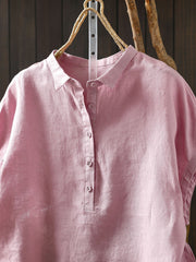 Plus Size Women Summer Artsy Pure Color 100%Linen Blouse