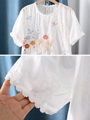 Plus Size Women Summer Artsy Flower Embroidery 100%Cotton Blouse