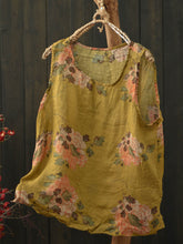 Women Summer Artsy Flower Ramie O-Neck Vest