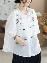 Women Summer Artsy Embroidery O-Neck 100%Cotton Blouse