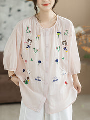 Women Summer Artsy Embroidery O-Neck 100%Cotton Blouse