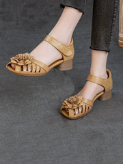 Women Summer Retro Leather Flower Low Heel Sandals