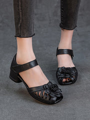 Women Summer Retro Leather Flower Low Heel Sandals