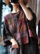 Women Autumn Retro Patchwork Cotton O-Neck Blouse