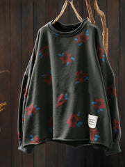 Plus Size Women Autumn Artsy Flower O-Neck Cotton Blouse