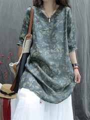 Plus Size Women Summer Artsy V-Neck Flower 100%Ramie Blouse
