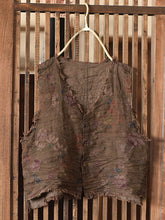 Women Vintage Floral Button-up Raw-edge Linen Vest