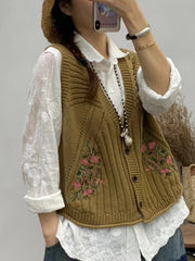 Women Vintage Floral Embroidery V-neck Knitted Vest