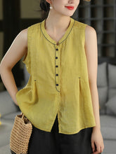 Women Summer Vintage Stand Collar Ramie Sleeveless Shirt