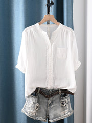 Women Summer Minimalist Short Sleeve Cotton Shirt