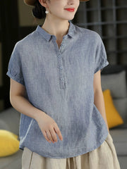 Women Summer Vintage Short Sleeve100%Linen Blouse