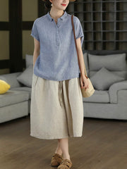 Women Summer Vintage Short Sleeve100%Linen Blouse