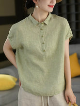 Women Summer Vintage Short Sleeve100%Linen Blouse