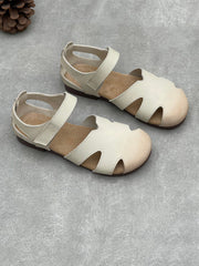 Women Vintage Closed Toe Hollow Out Leather Flat Sandals