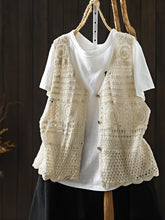 Women Summer Artsy V-Neck Cotton Crochet Outerwear Vest