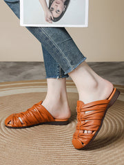 Women Retro Genuine Leather Summer Low-Heel Slip-On Sandals