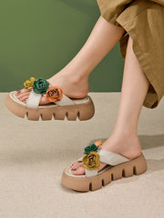 Women Genuine Leather Floral Ethnic-Style Platform Slippers