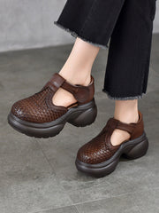 Women Genuine Leather Woven Platform T-Strap Sandals