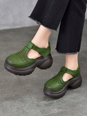 Women Genuine Leather Woven Platform T-Strap Sandals