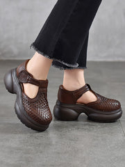 Women Genuine Leather Woven Platform T-Strap Sandals