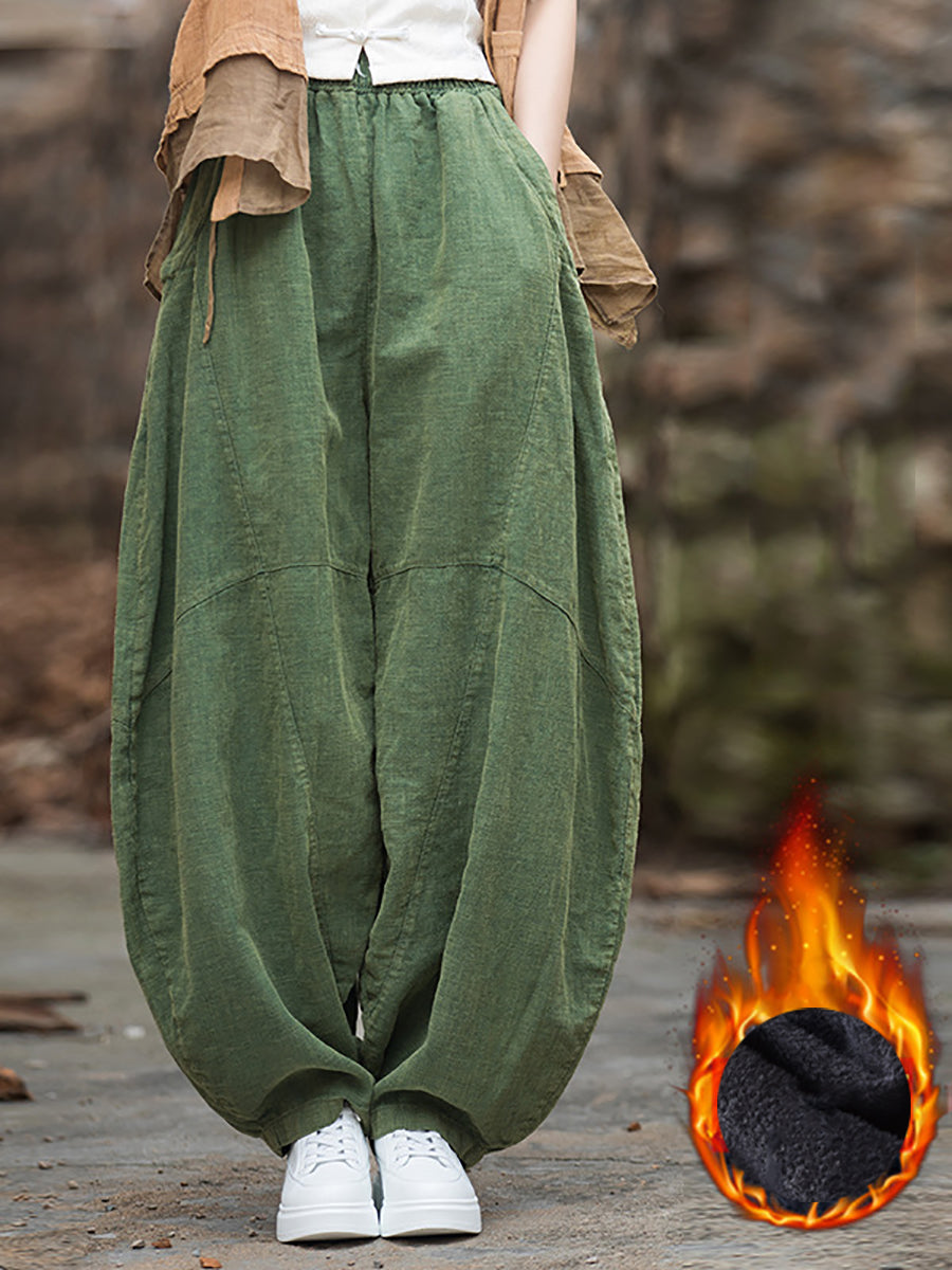 Plus Size Women Winter Cotton Linen Fleece-lined Loose Harem Pants