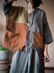 Plus Size Women Linen Retro Patch Spliced Pocket Irregular Loose Blouse