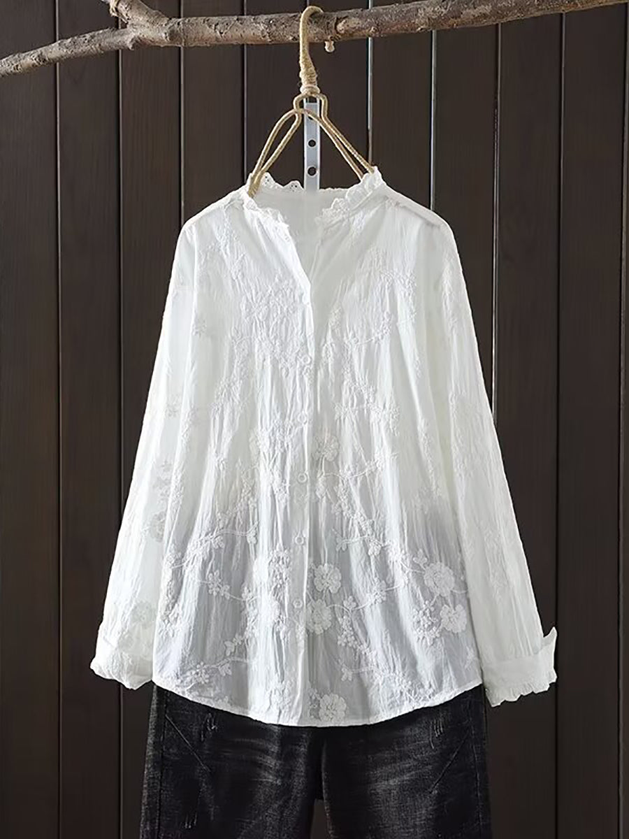Plus Size Women Spring Flower Jacquard Lacework Neck Blouse