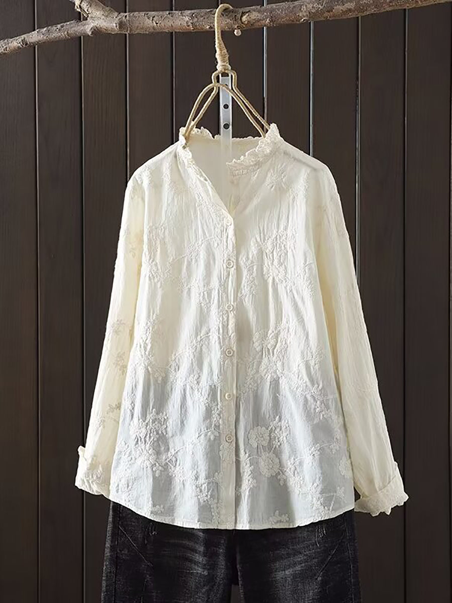 Plus Size Women Spring Flower Jacquard Lacework Neck Blouse