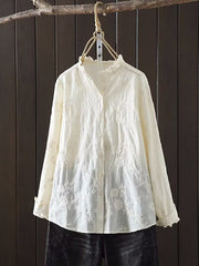 Plus Size Women Spring Flower Jacquard Lacework Neck Blouse
