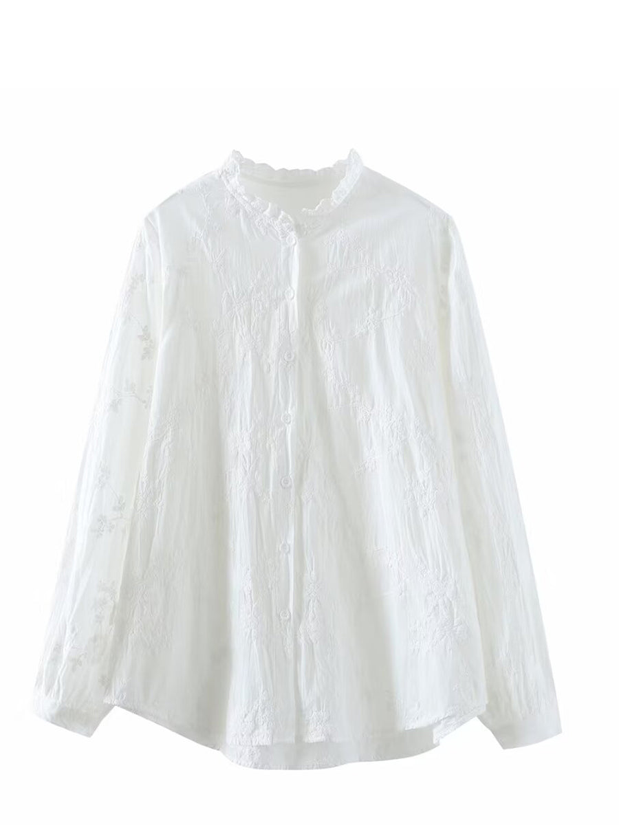 Plus Size Women Spring Flower Jacquard Lacework Neck Blouse